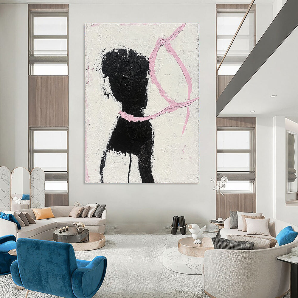 Abstract painting featuring a woman in black and white dancing with a pink ribbon surrounding her neck showcasing visible brush strokes and textured canvas.STSC1334