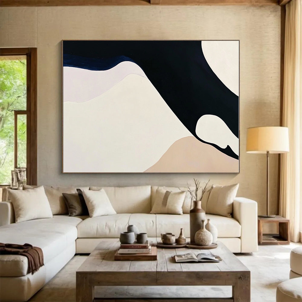 Black White and Beige Abstract Painting with Smooth Curves GER051