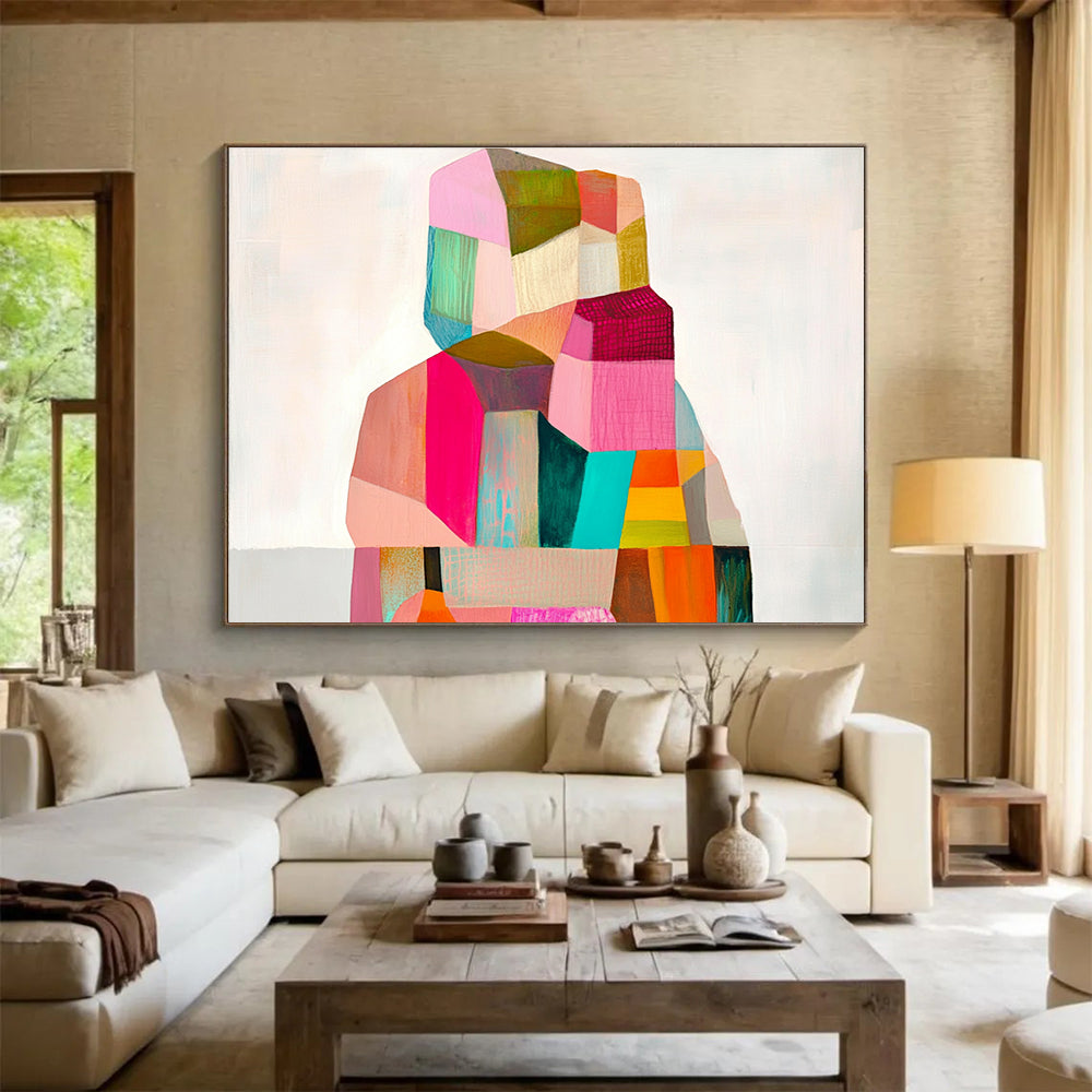 A large abstract painting with geometric shapes in pastel tones capturing the essence of the body against a soft white background.SC354