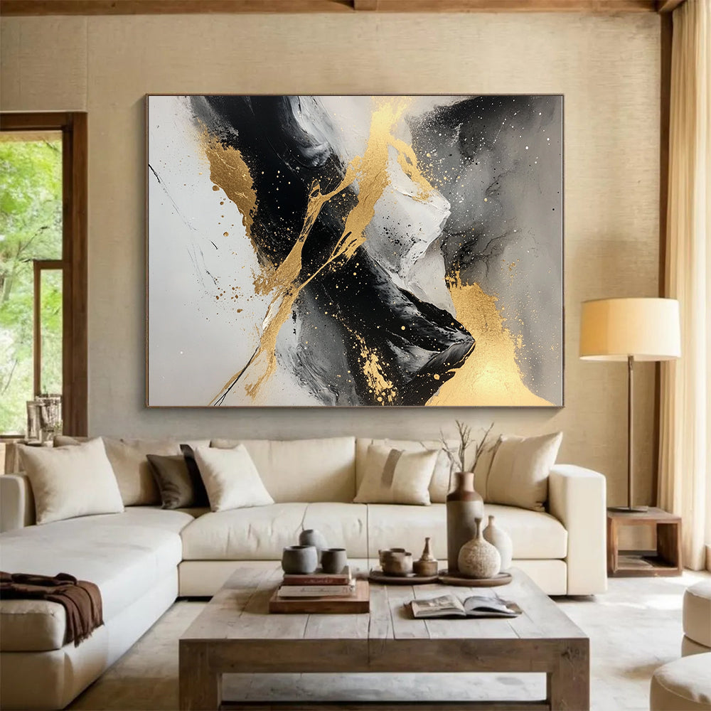 Gold - Splashed Mountain Abstract Painting with Black, White, and Gold GER320