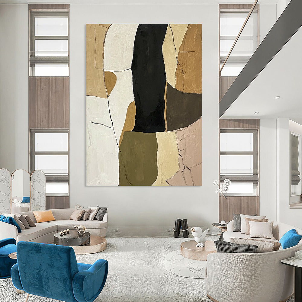 Large abstract painting in neutral tones of olive green beige and black on white background featuring organic shapes and textured lines for depth.STSC781