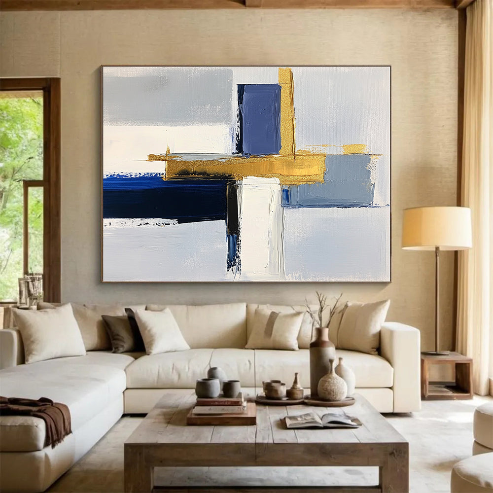Blue and Gold Abstract Painting with Layered Geometry GER567
