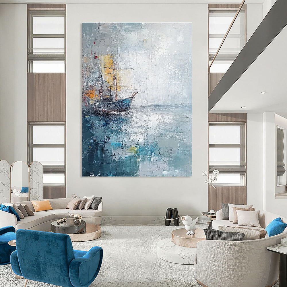 Large abstract painting with muted gray and blue tones featuring a distant ship at sea created with palette knife oil on textured canvas.STSC120
