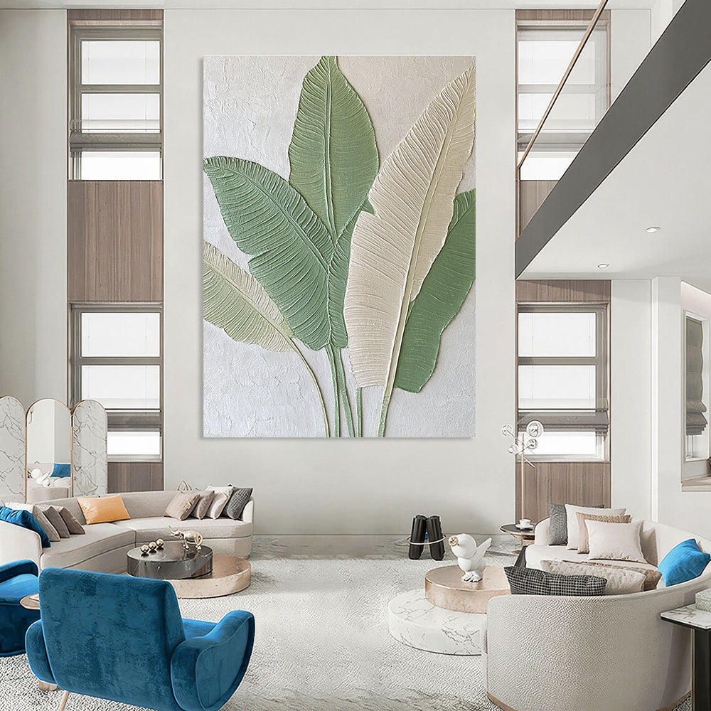 Large Abstract Painting Featuring Embossed Banana Leaves in Light Green and Beige Tones Ideal for Modern Home Decor.STSC001