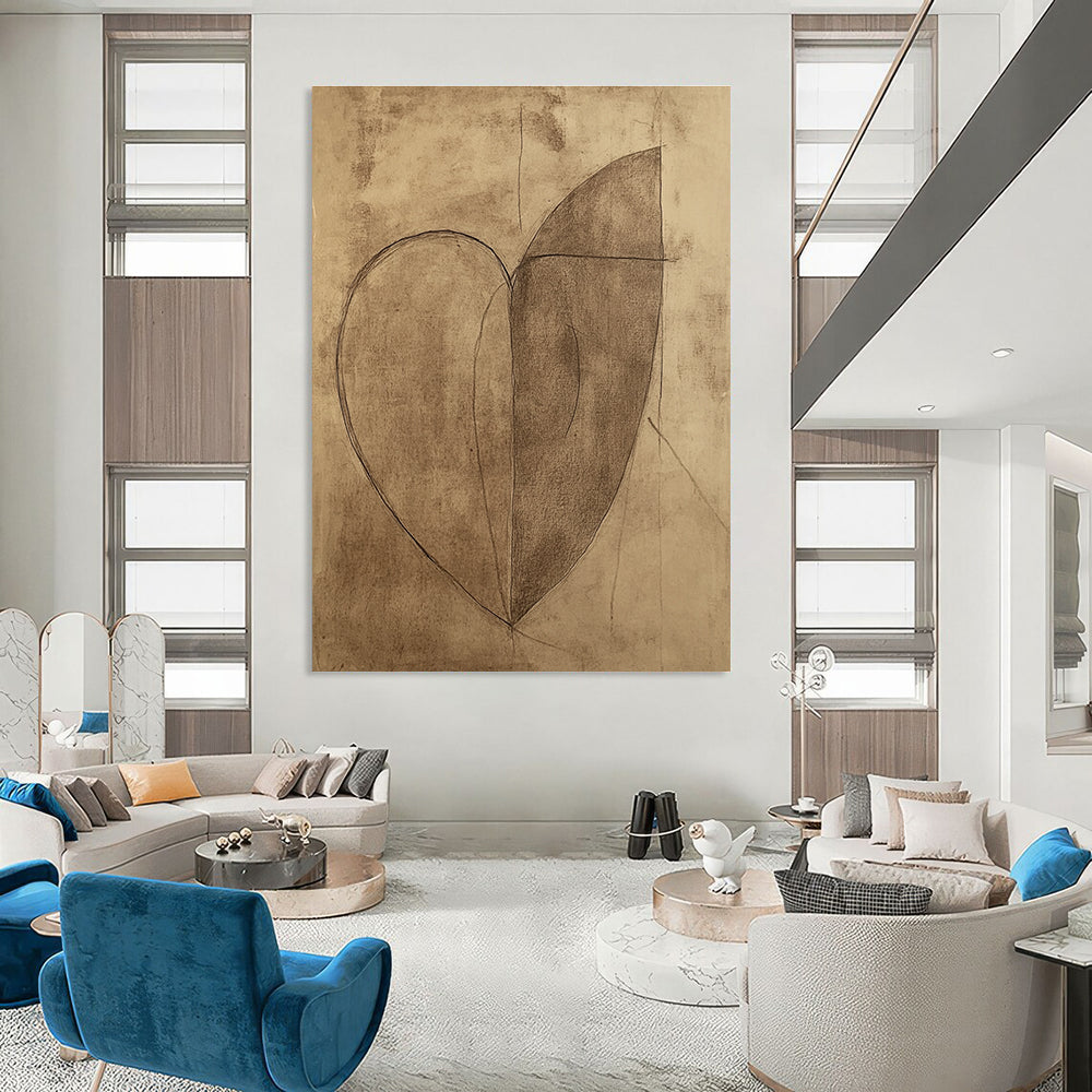 Large abstract heart drawing on brown paper featuring a continuous line shaped like a half-moon.STSC983