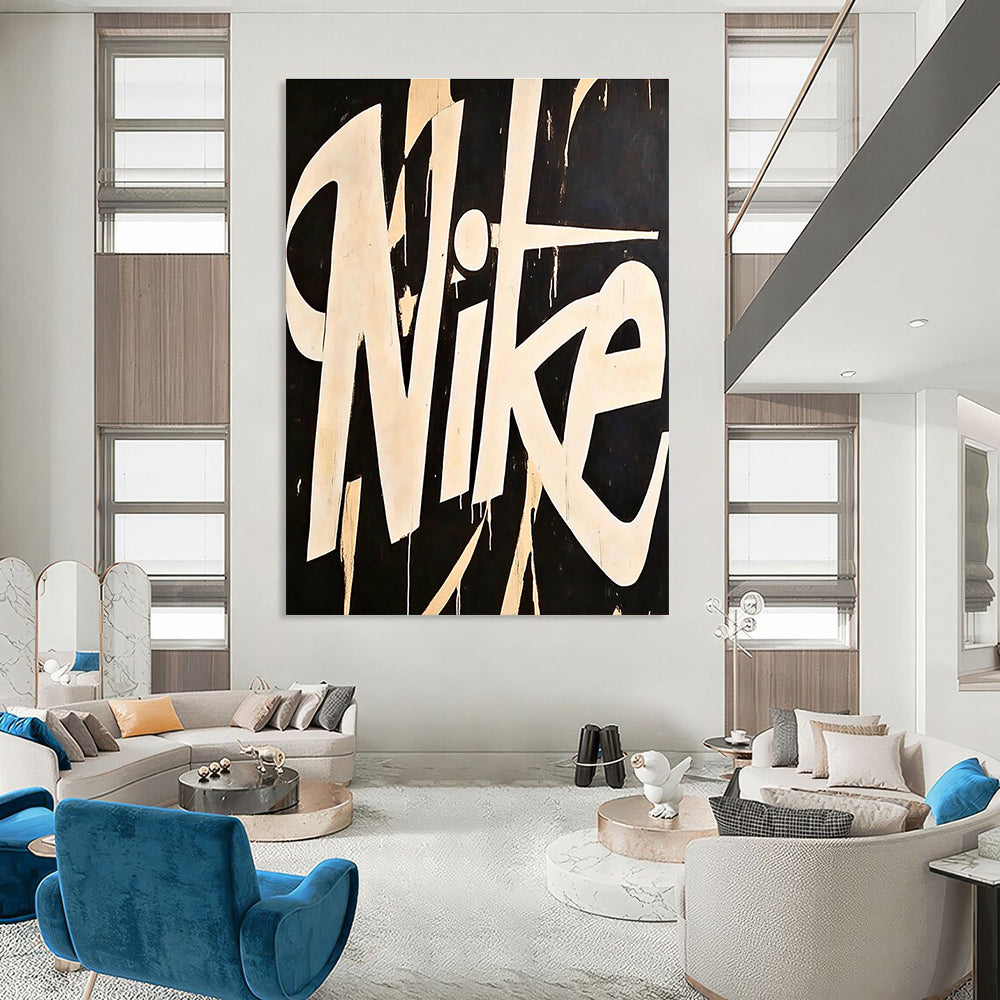 A large abstract painting featuring the word Nike in white on a black background inspired by Matisse and Sciotti with minimalist design.STSC1139
