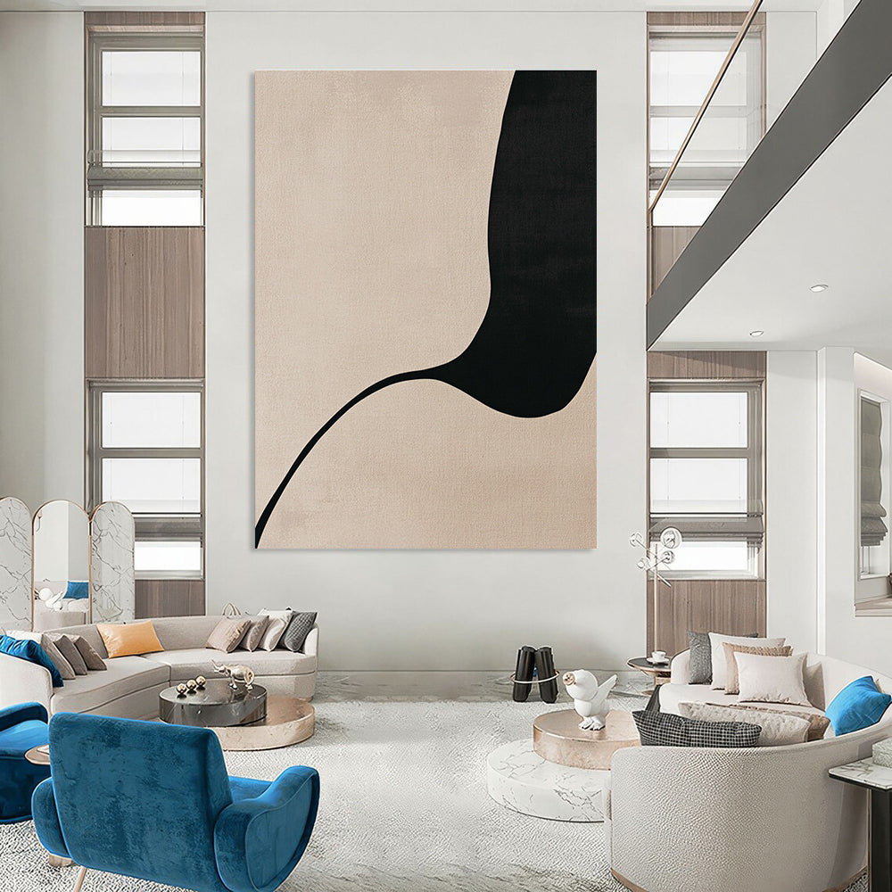 A large abstract painting featuring minimalist Japandi art with body curves in black line drawing on a soothing beige background.STSC1341