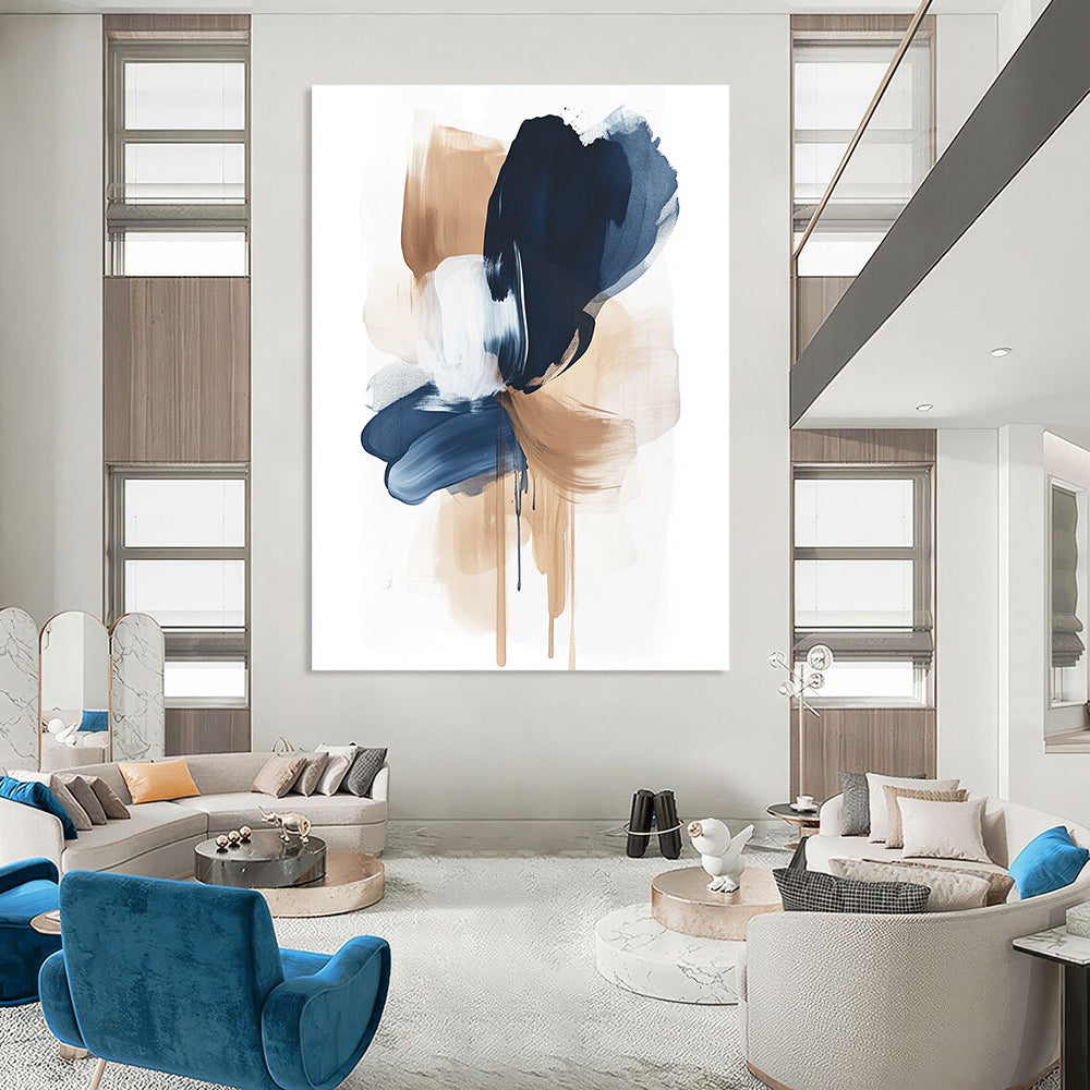 Large abstract painting featuring calming brushstrokes in navy blue and beige on a white background creating emotional shapes and a sense of balance.STSC1325