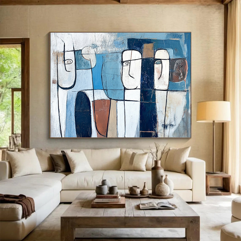 Geometric Faces Abstract Painting with Blue and Earthy Tones DYP348