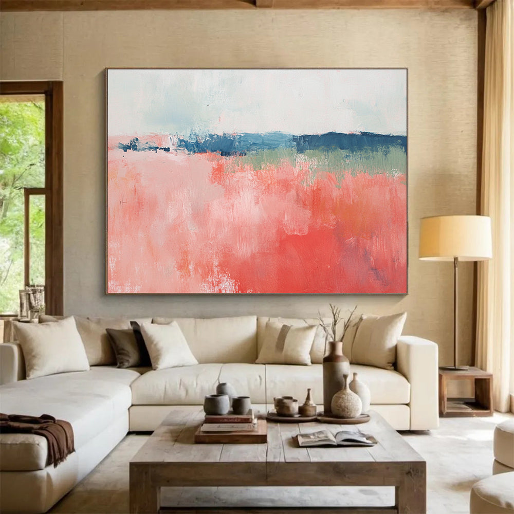 Coral Pink and Blue Abstract Painting with Expressive Brushstrokes DYP216