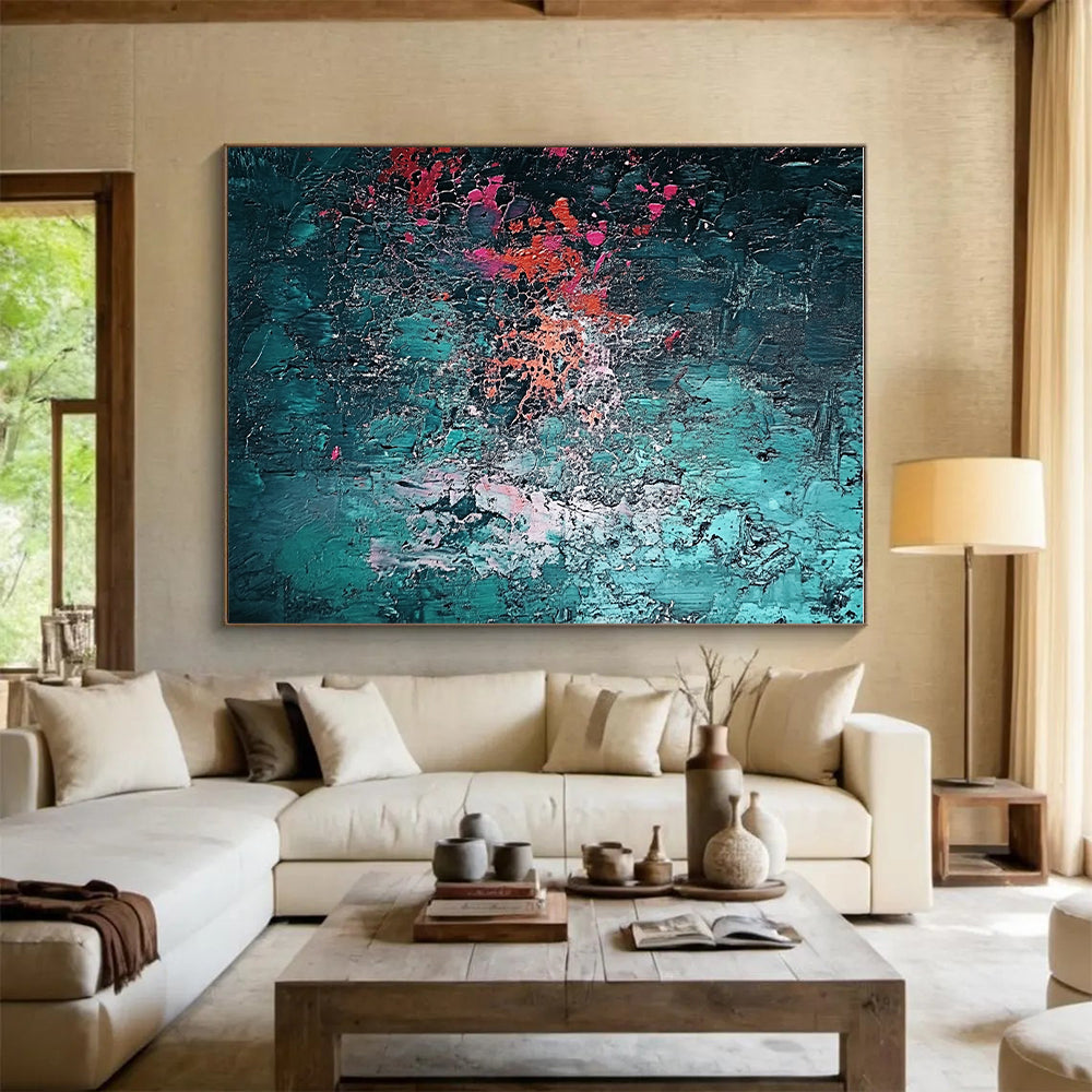 Teal Pink and Orange Textured Abstract Painting with Crackle Effects GER642