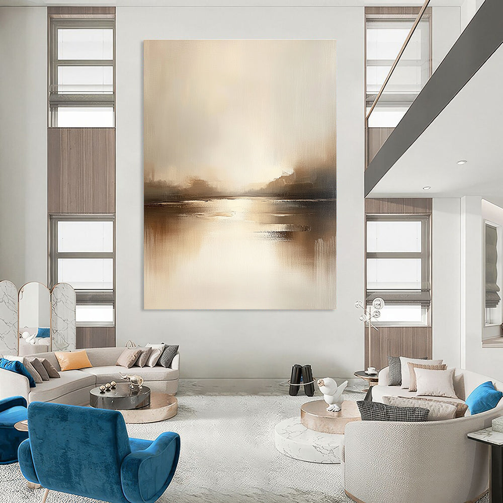 Large abstract painting featuring a serene lake in muted tones of beige and gray with soft edges and minimalist style, evoking tranquility and calmness.STSC091