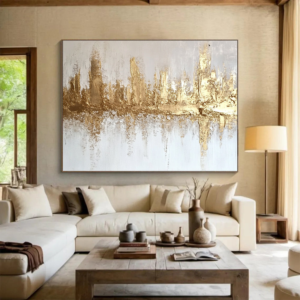 Gold and White Cityscape Abstract Painting with Textured Gold Accents DYP312