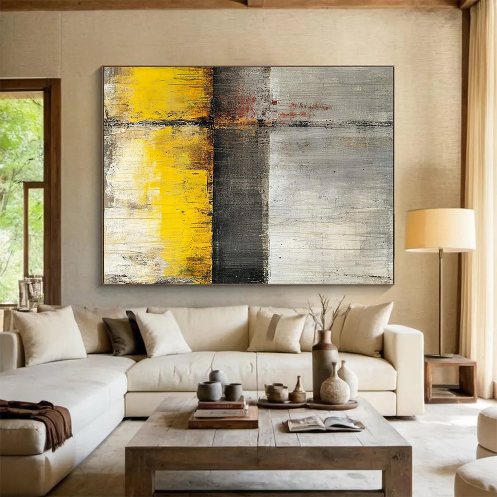 Gray Yellow and Red Abstract Painting with Industrial Vibes GER422
