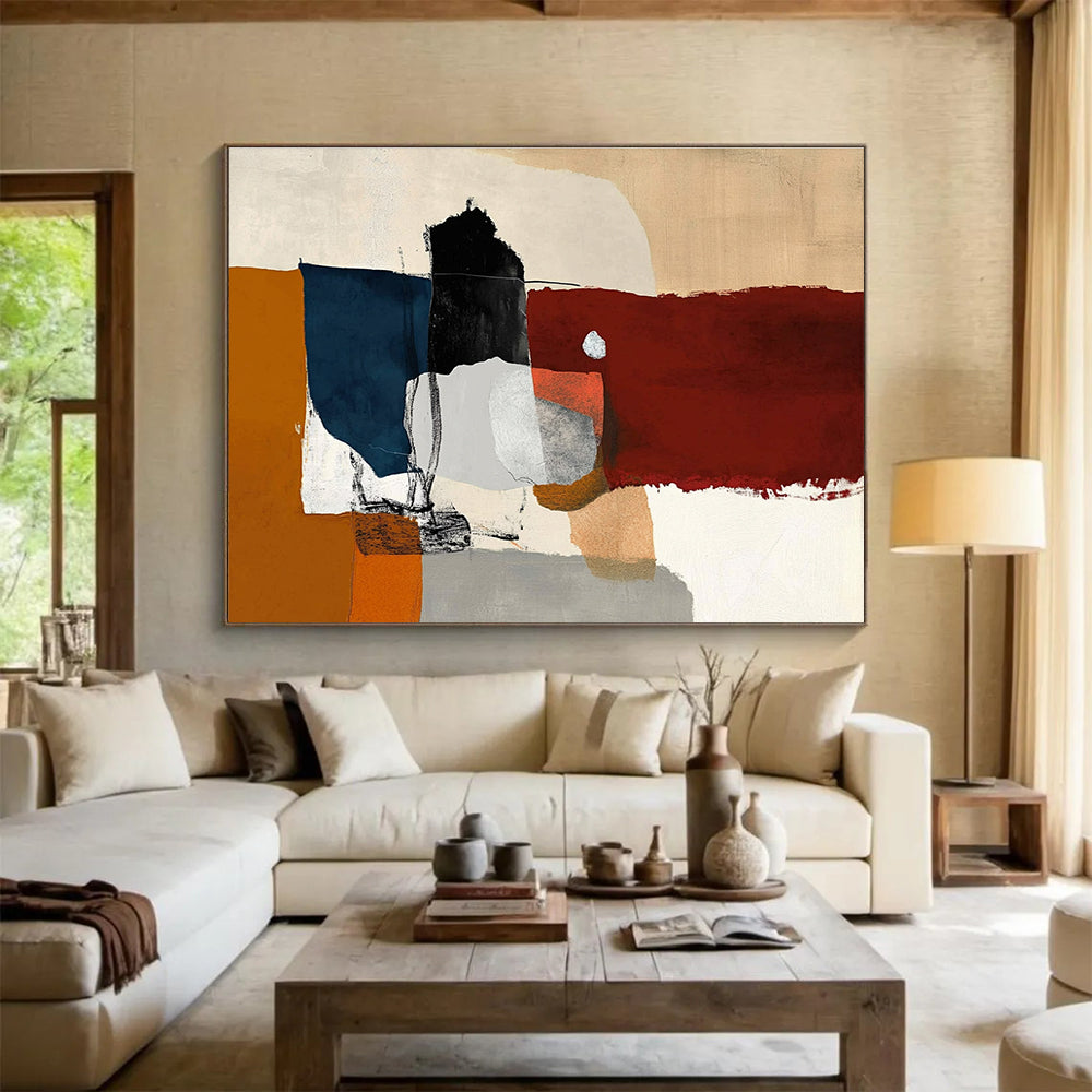 A large abstract painting featuring minimalistic shapes, dark red and orange hues, with white, grey, and blue accents in a loose collage style.SC329