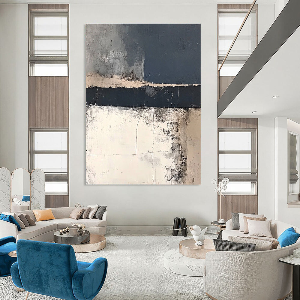 Large abstract painting in dark gray and navy blue with hints of white and beige depicting a distant old battle scene on the English coast.STSC217