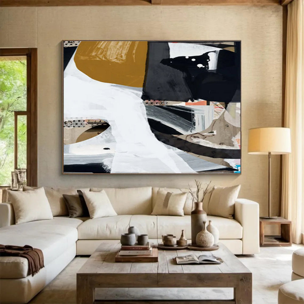 Collage - style Abstract Painting with Black White and Brown THY127