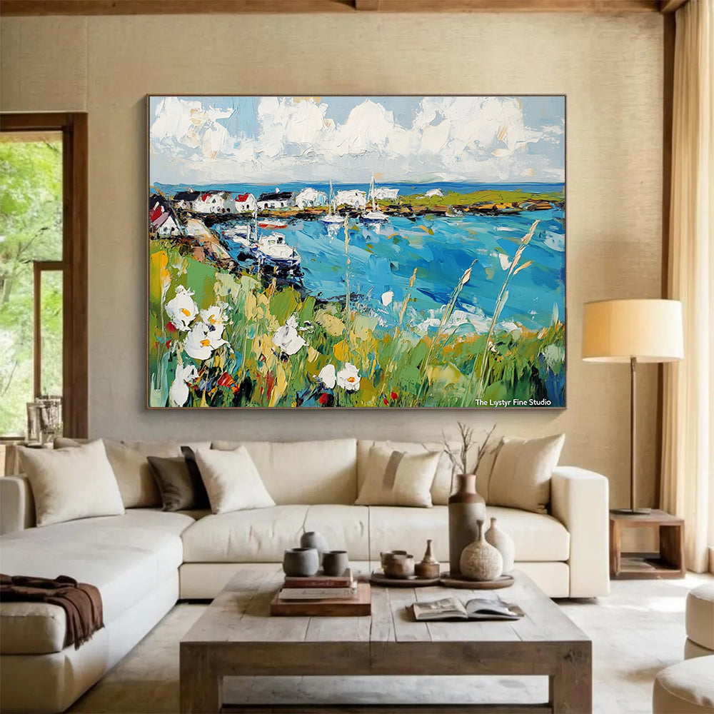 Harbor Landscape Abstract Painting with Blue, Green and White DYP118