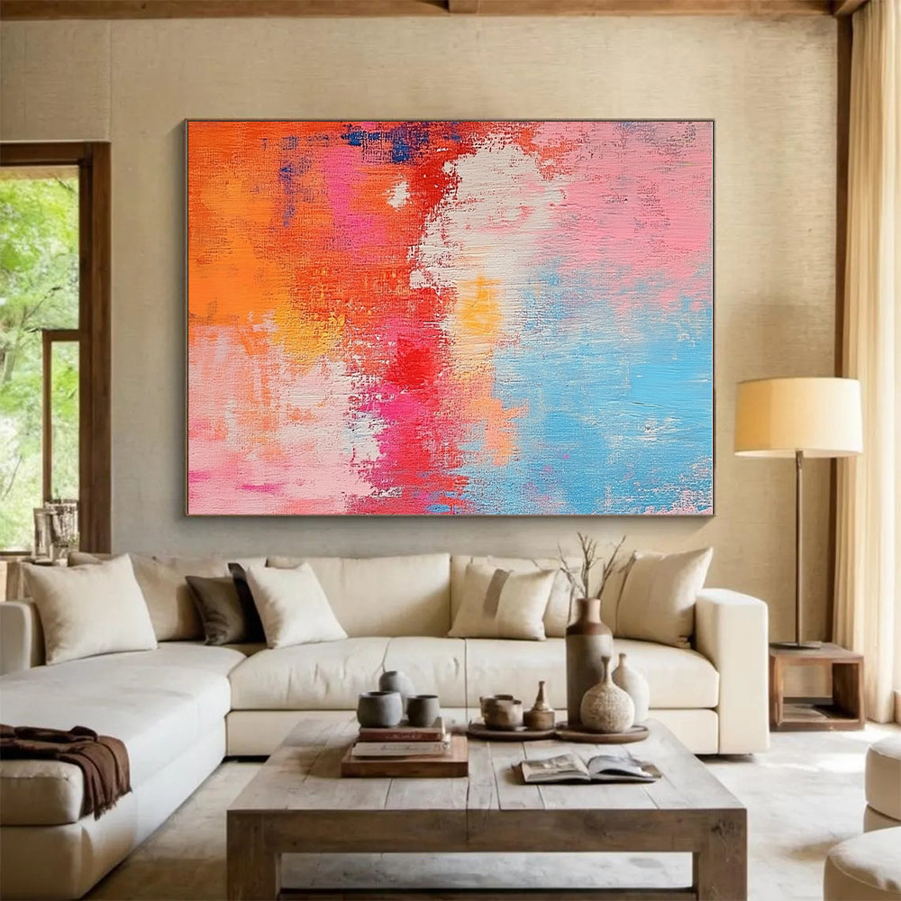 Pink Orange and Blue Abstract Painting with Textured Surfaces GER698