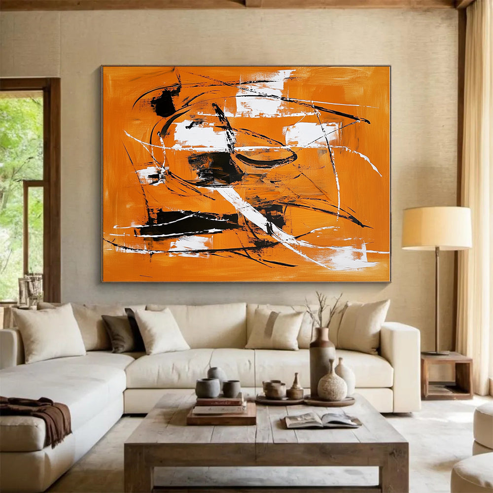 Orange and Black Abstract Painting with Energetic Line Work GER659