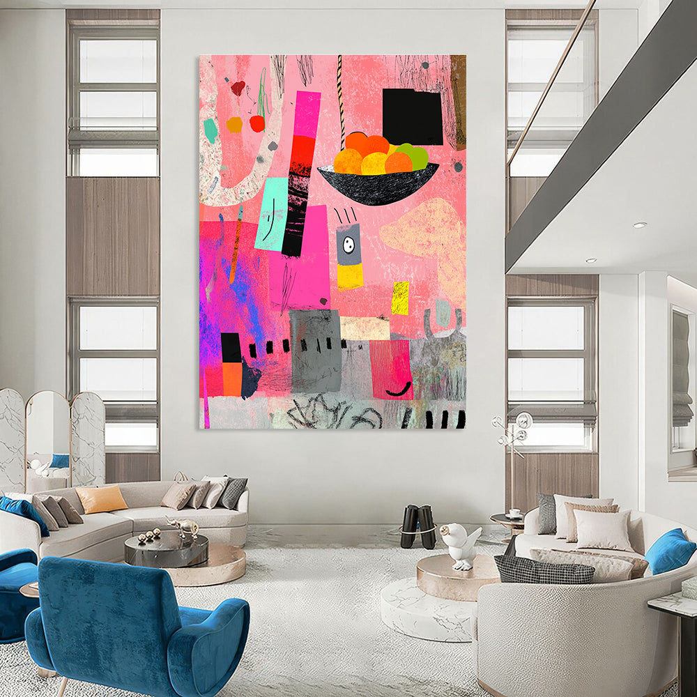 A large abstract painting featuring pink gray and black shapes with a bowl of fruits colorful scribbles and artistic texture elements.STSC969