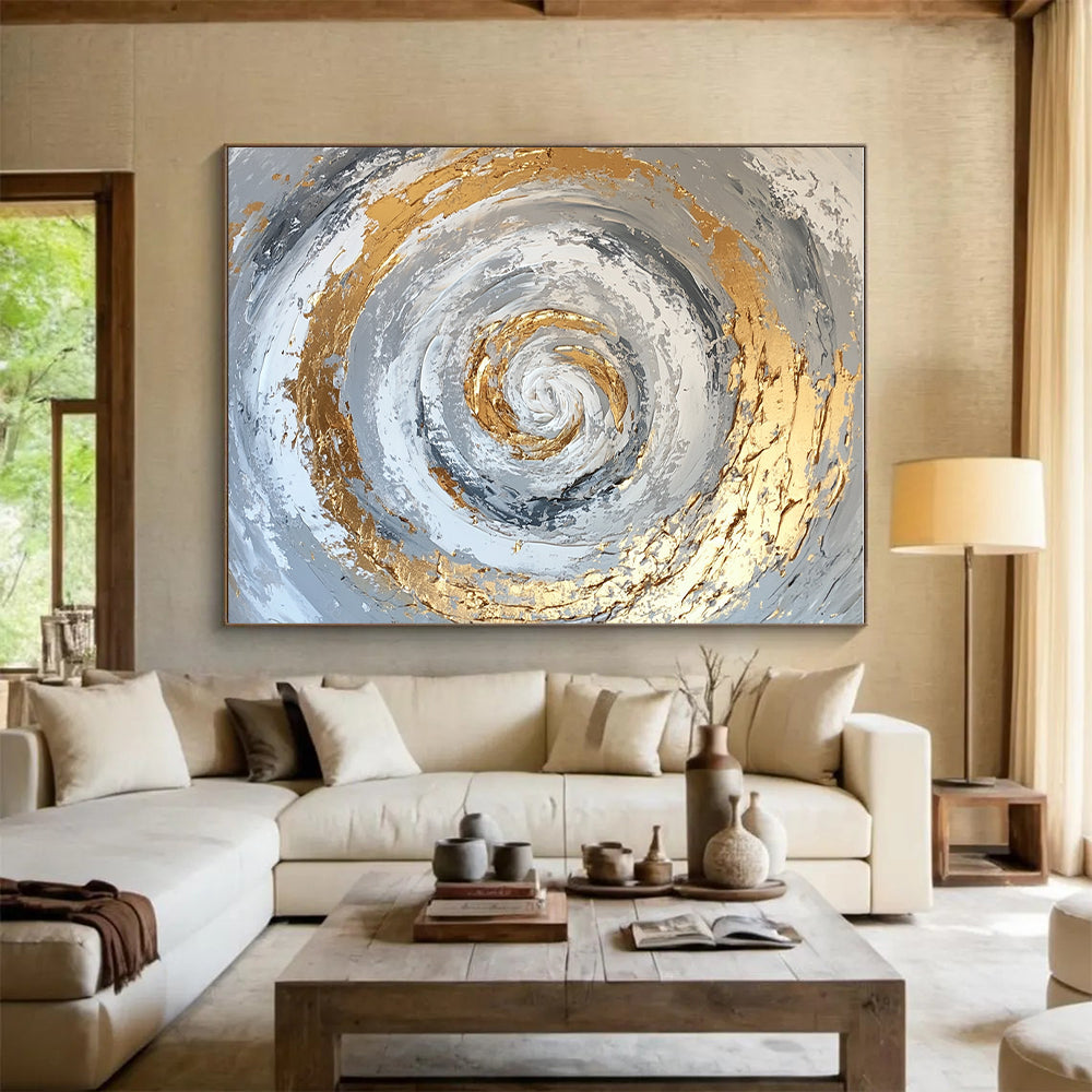 Gold and Silver Swirl Abstract Painting with Textured Layers GER622