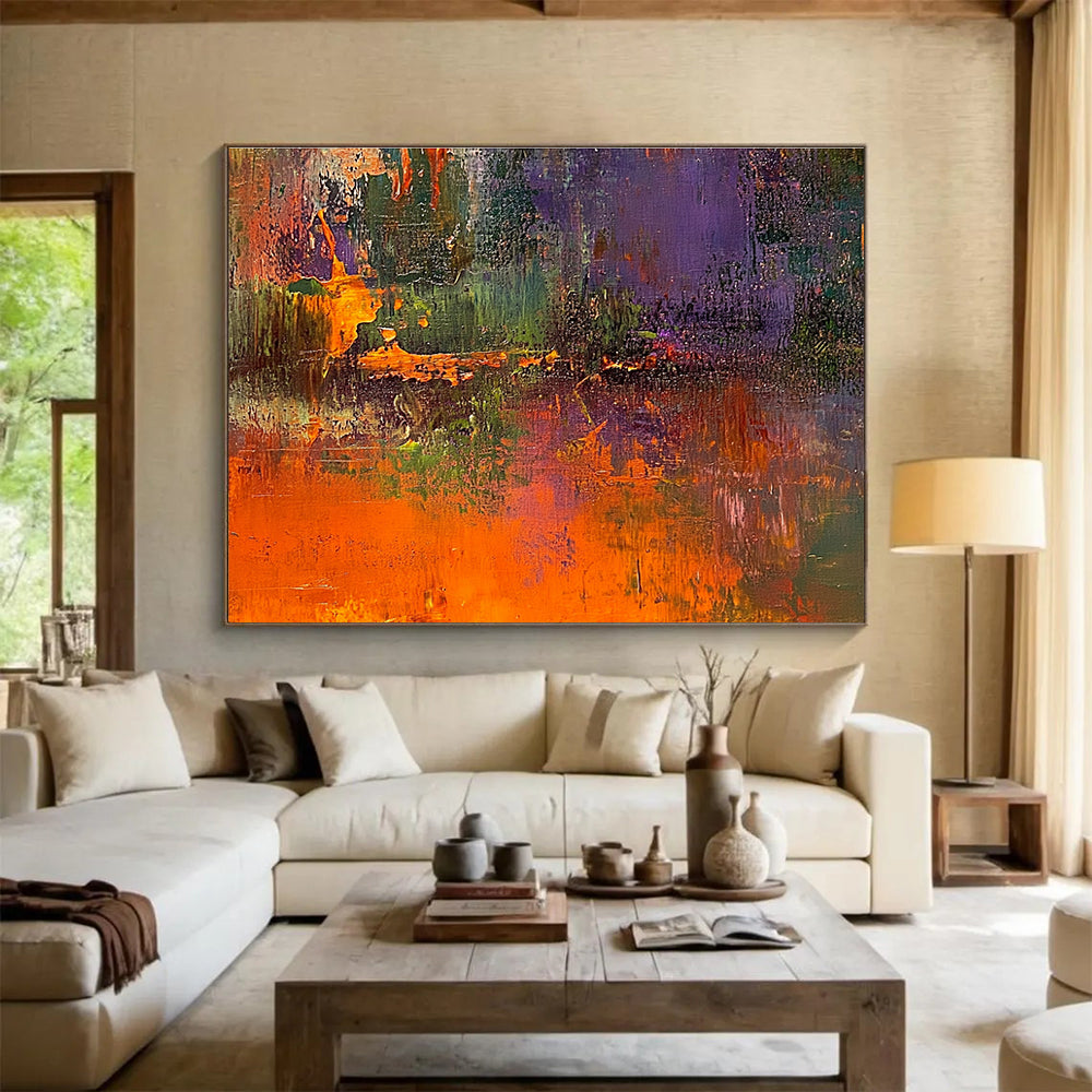 Large abstract painting of the great swamp featuring dark green and orange tones with rich textures and blurred background highlighting vibrant details.SC358