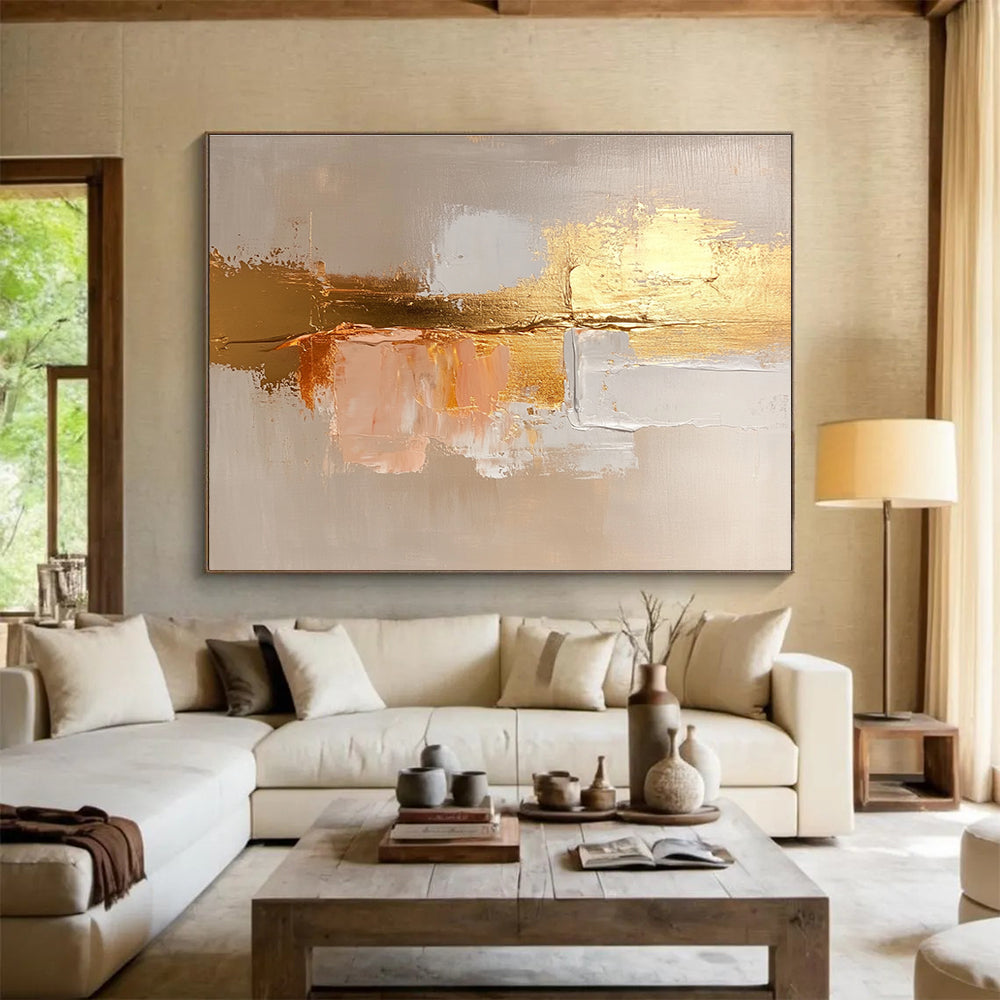 Large abstract painting in beige and gold, featuring soft brush strokes and textured canvas for a serene and elegant atmosphere.SC218