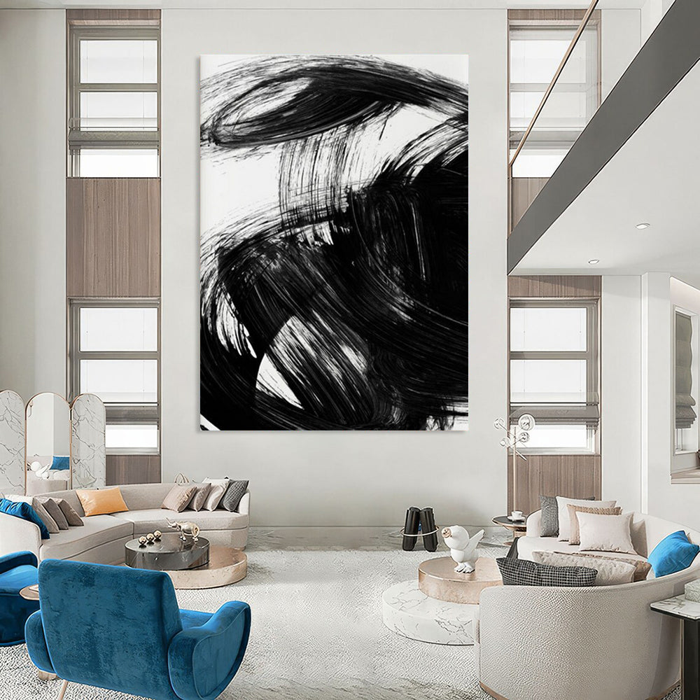 Black Ink Abstract with Expressive Brushstrokes Painting ADGE195