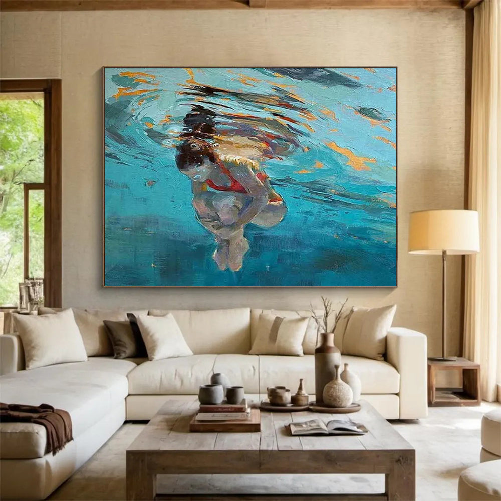 Underwater Swimmer Abstract Painting with Fluid Colors and Shapes THY247