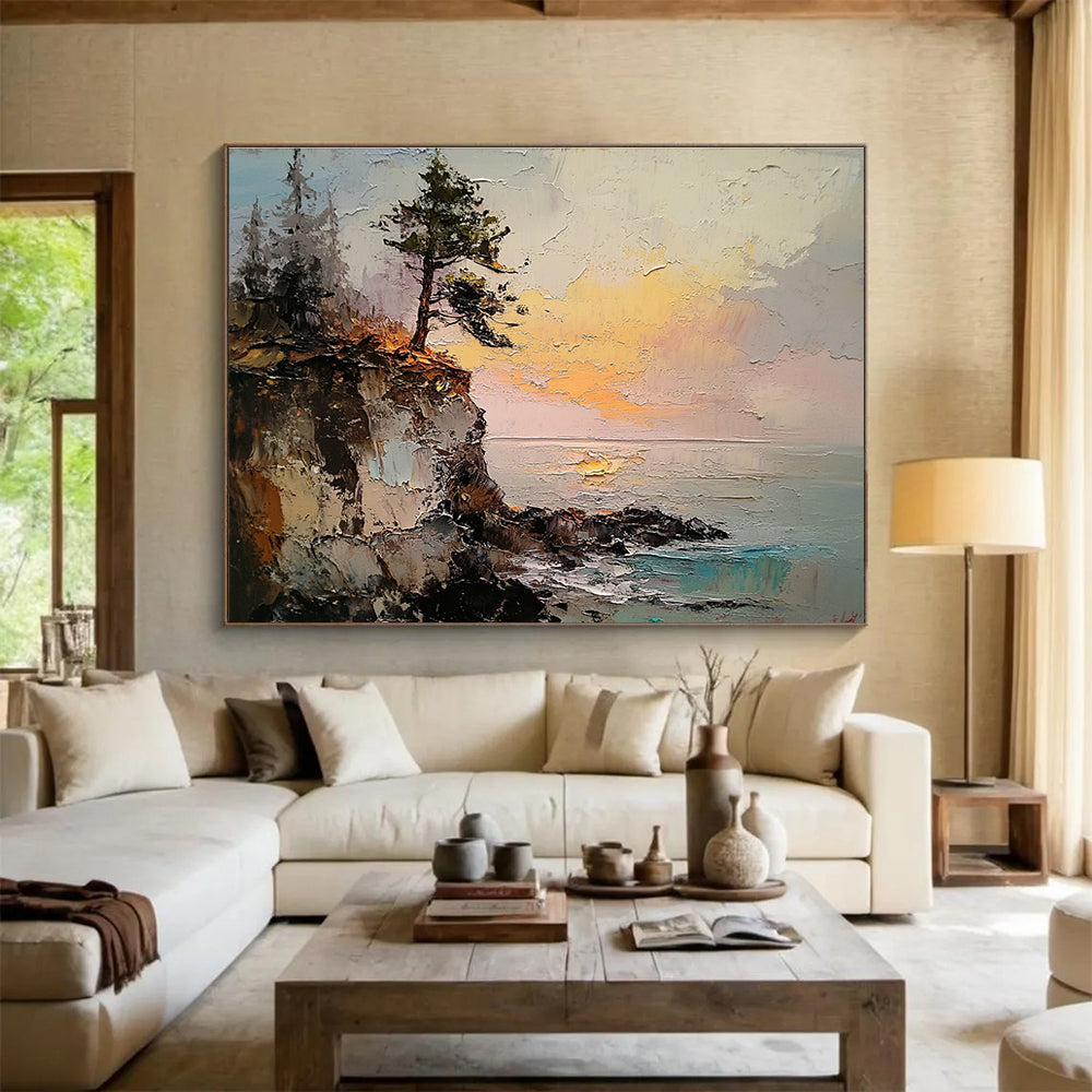 Cliffside Tree at Sunset Impasto Abstract Painting with Vivid Oranges DYP593