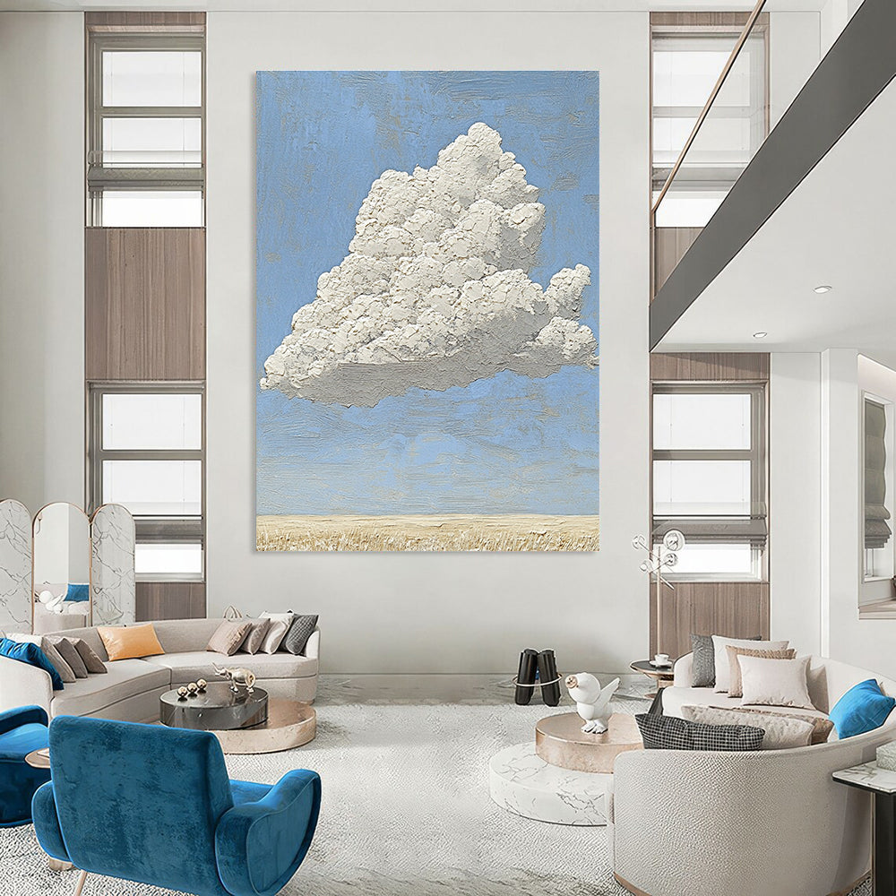 A large abstract painting featuring a textured white cloud above an empty field with soft natural light and professional color grading.STSC1035