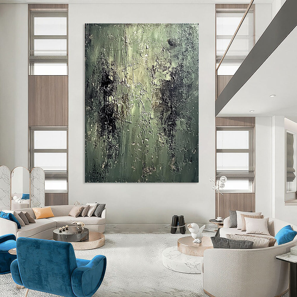 Large abstract oil painting of an old mossy wall with peeling paint in muted greens and dark browns evoking coolness and desolation.STSC587