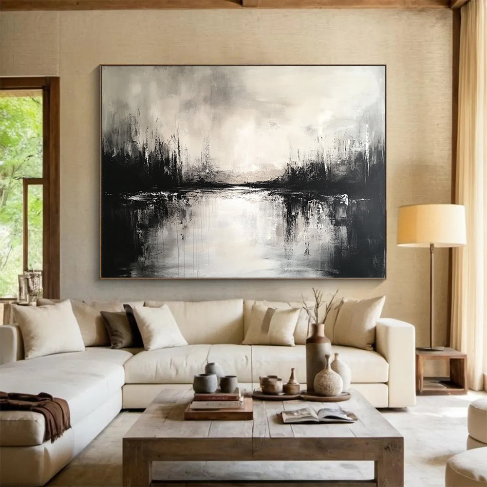Large abstract painting featuring a black and white landscape with a serene lake and soft reflections, creating an atmospheric ambiance.SC011