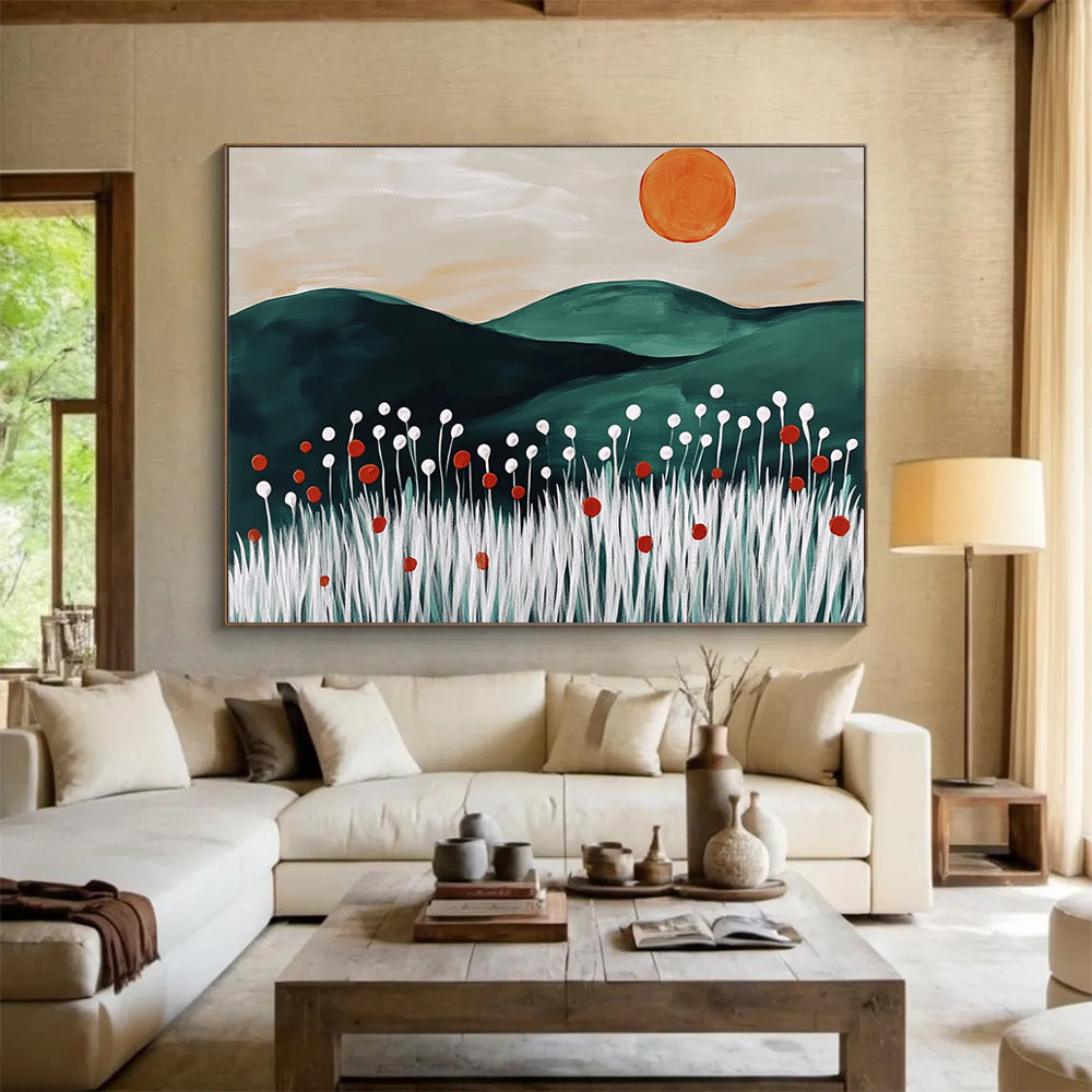 A large abstract painting featuring dark green hills white wheat stalks red flowers and an orange sun inspired by Matisse's minimalist style.SC465