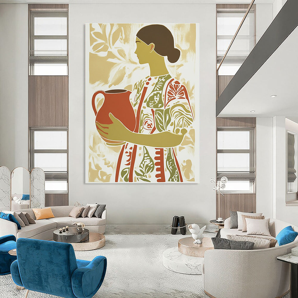 Abstract artwork featuring a woman with an earthenware jug in a patterned dress with green and red stripes in a flat color palette.STSC1417
