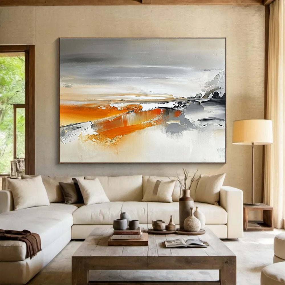 Gray and Orange Abstract Landscape Painting with Flowing Textures DYP316