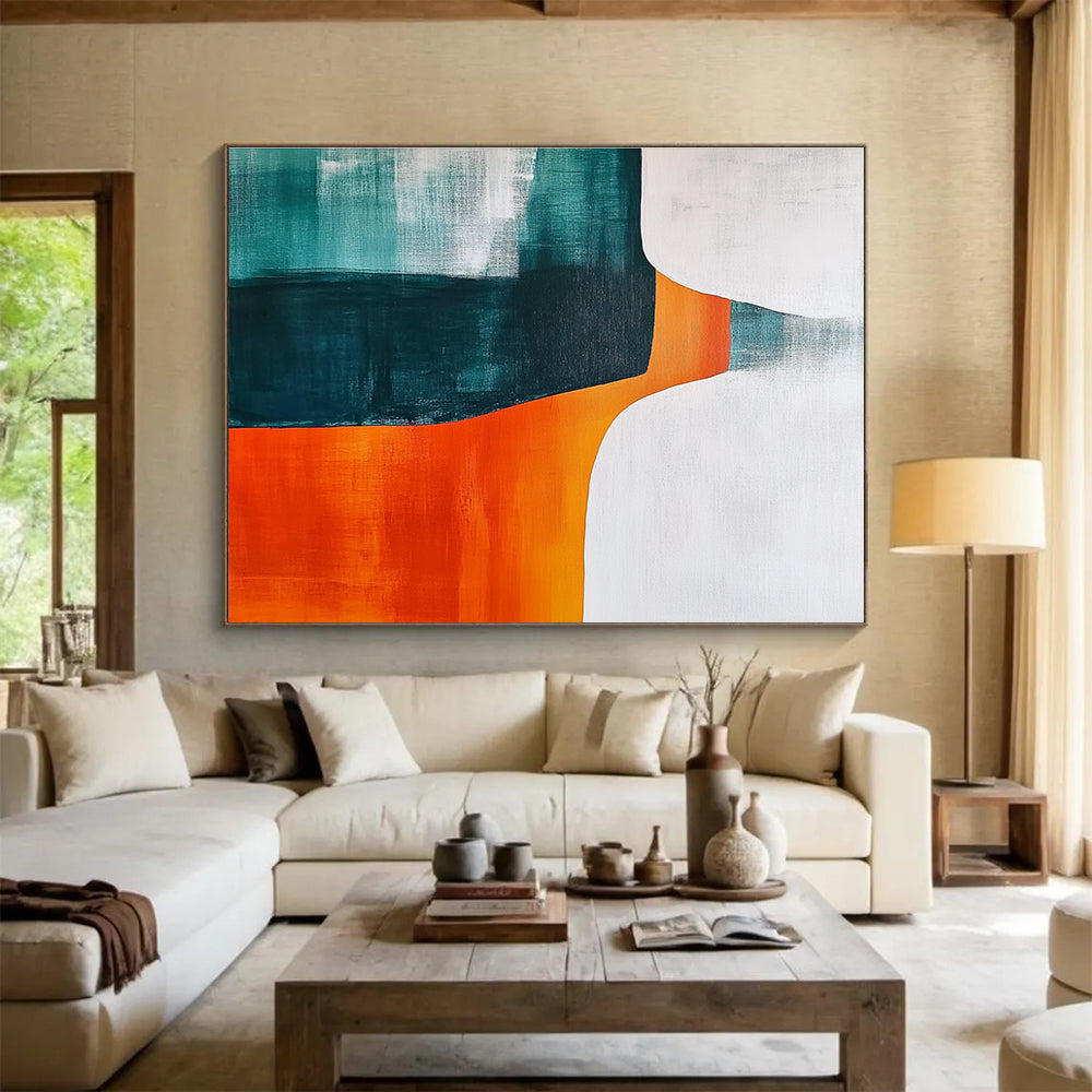 Teal Orange and White Abstract Painting with Bold Color Blocks DYP408