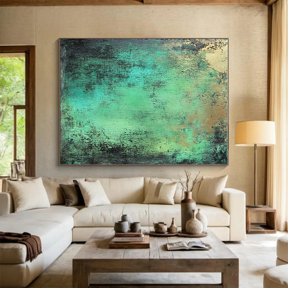 Green Blue and Gold Abstract Painting with Rustic Textures GER039
