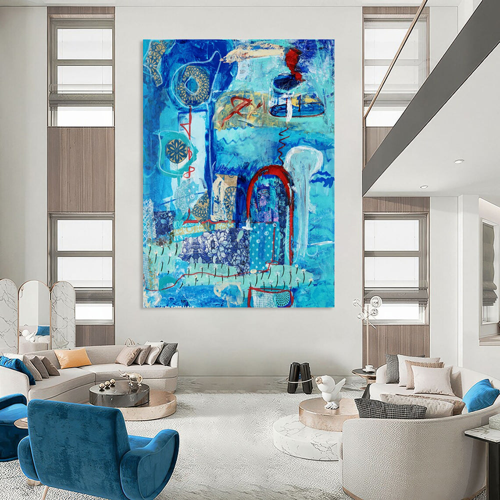 Blue - themed Collage Abstract Painting with Patterns ADGE296