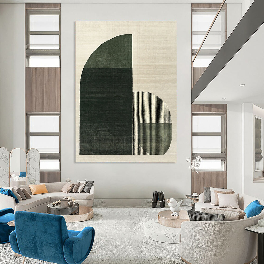 Large abstract painting featuring green and grey arch shapes with three dark gray stripes on a light beige textured background.STSC1081