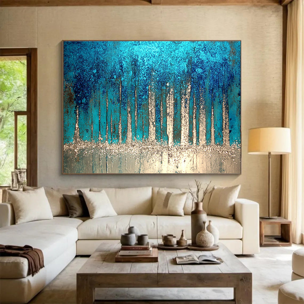 Sparkling Forest Abstract Painting with Blue and Silver DYP504