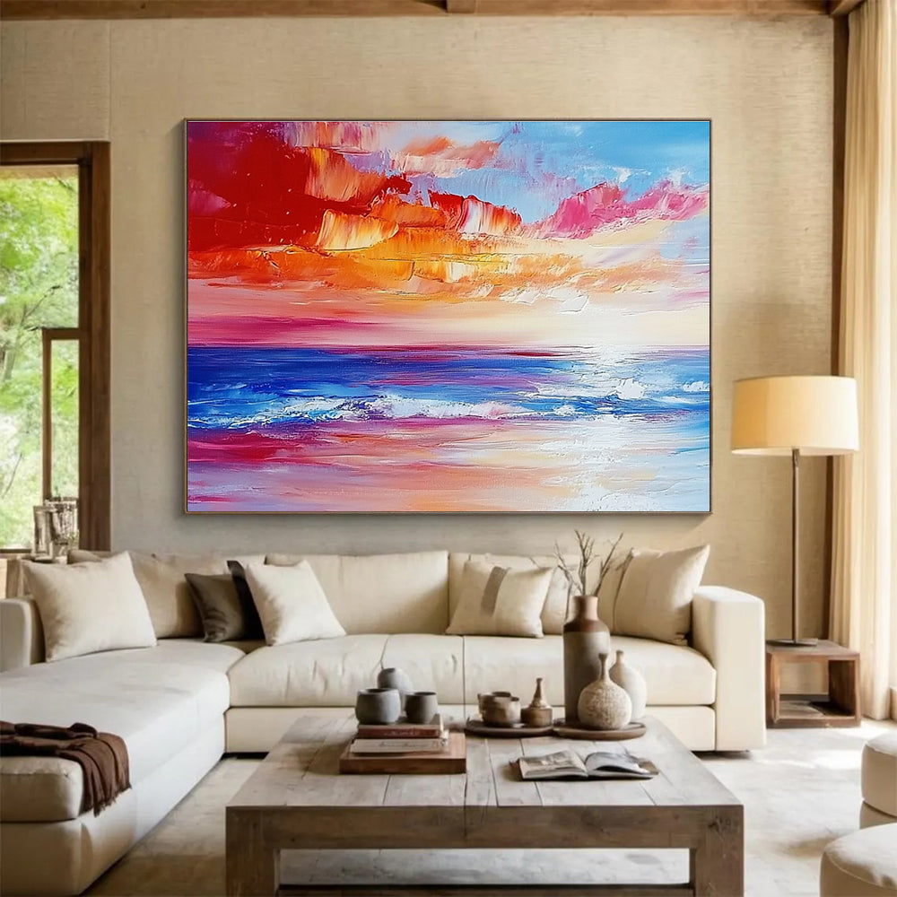 Colorful Sunset Seascape Abstract Painting with Reds Pinks and Blues DYP234