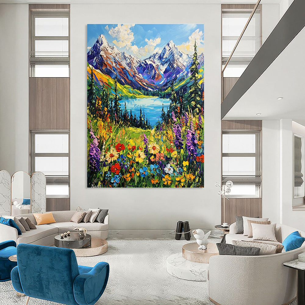 A large abstract painting capturing snow-capped mountains vibrant wildflowers and a serene blue lake in British Columbia's lush landscape in impressionistic style.STSC1225