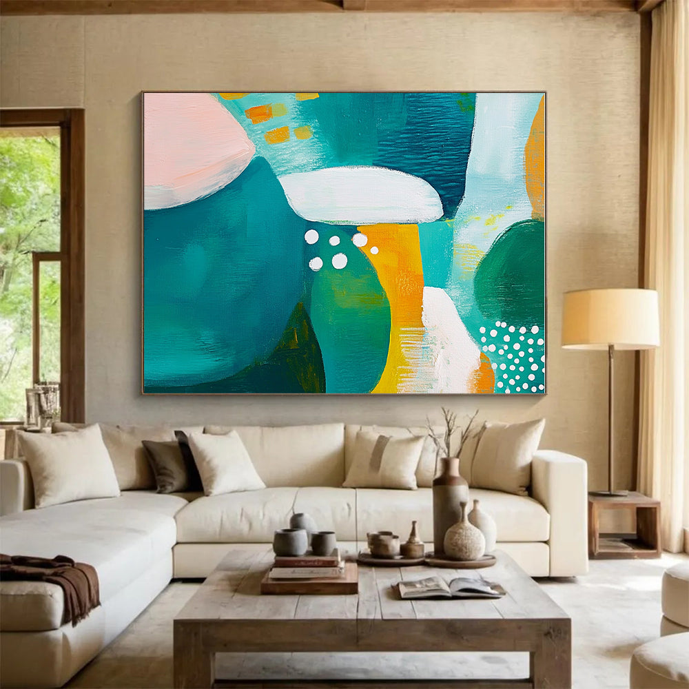 Colorful Abstract Painting with Teal, Green, and Yellow Shapes GER266