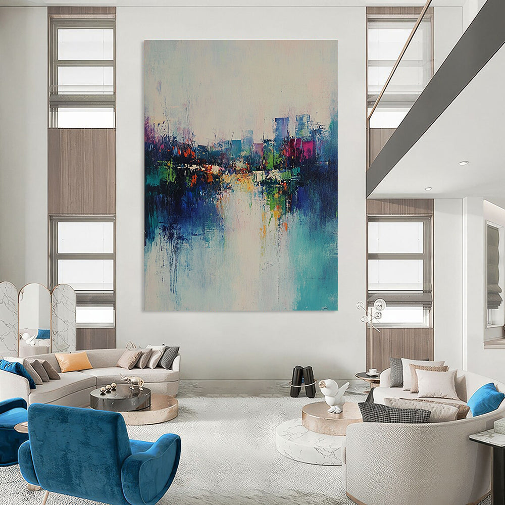 Large abstract painting featuring a serene misty landscape with green-blue hues and reflections of city lights in textured layers.STSC562