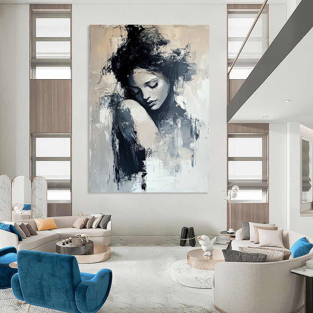 Large Abstract Painting Featuring A White Flower With Gold Accents Bold Brush Strokes And Neutral Colors Set Against A Black Background.STSC297