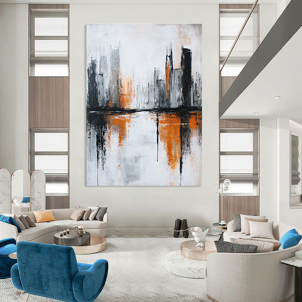 Large abstract painting featuring a river in an urban landscape with orange and gray accents highlighting themes of decay and modern art.STSC406