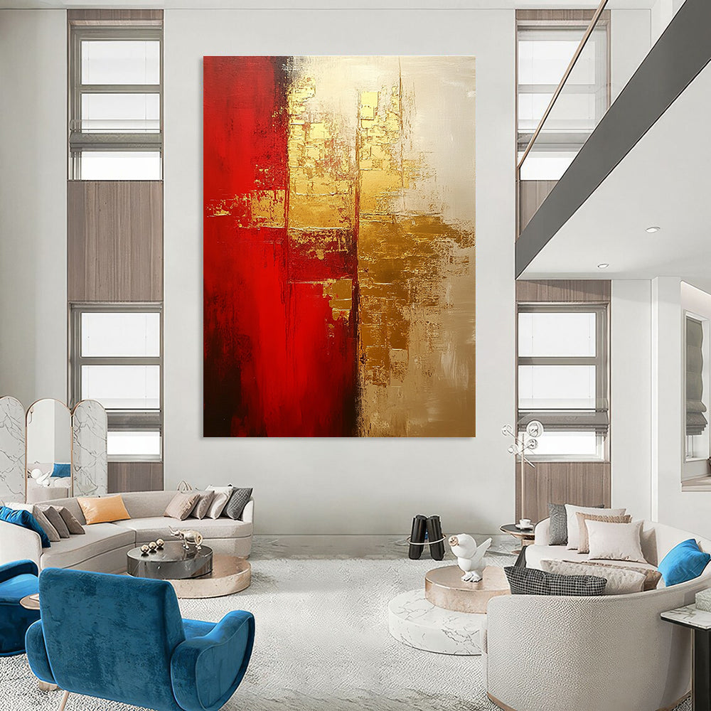 Large abstract painting in warm red and gold tones with soft brushstrokes showcasing depth and emotional warmth on a textured oil canvas.STSC824