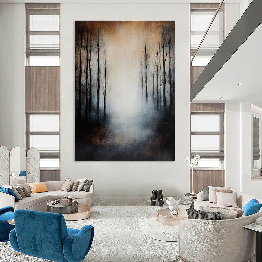 Large abstract painting of an eerie forest featuring black trees muted colors foggy atmosphere and impressionistic brushstrokes on textured canvas.STSC259